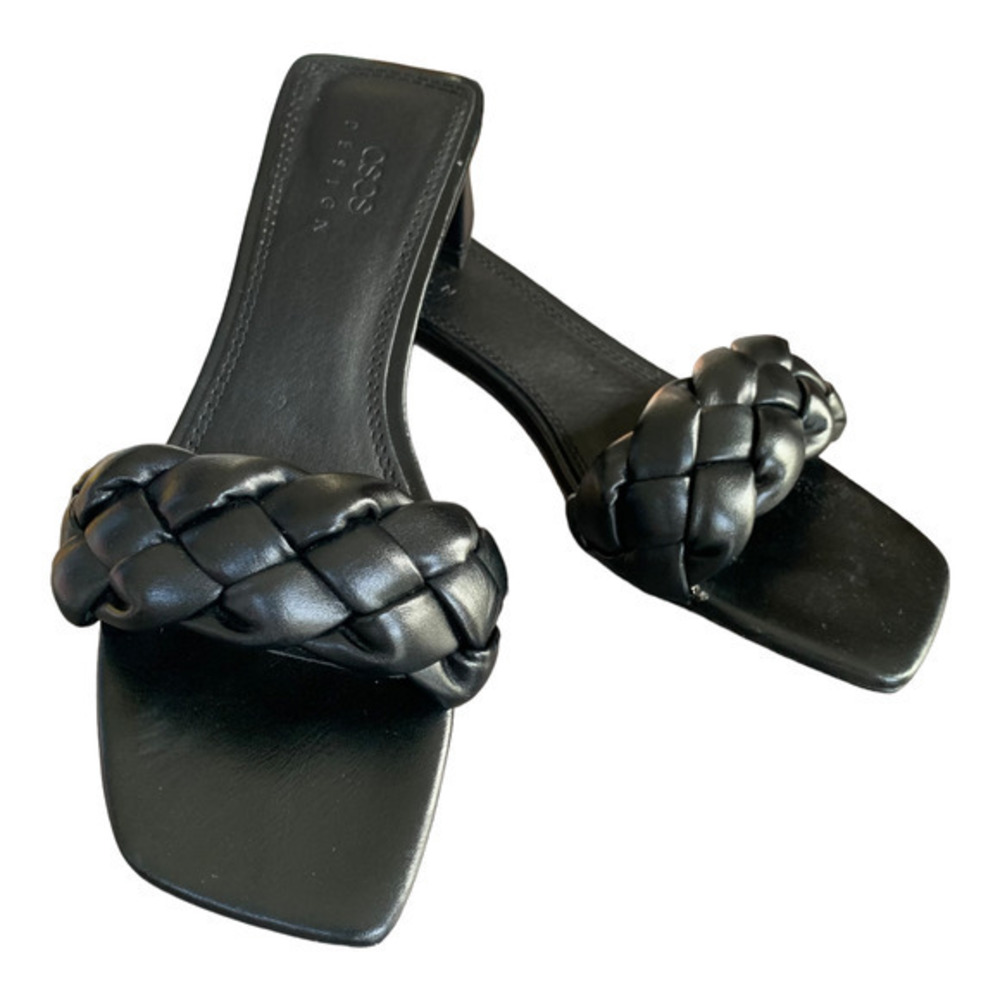 ASOS DESIGN Black Woven Strap Square Toe Heeled Mules Sandals Women's Size 7